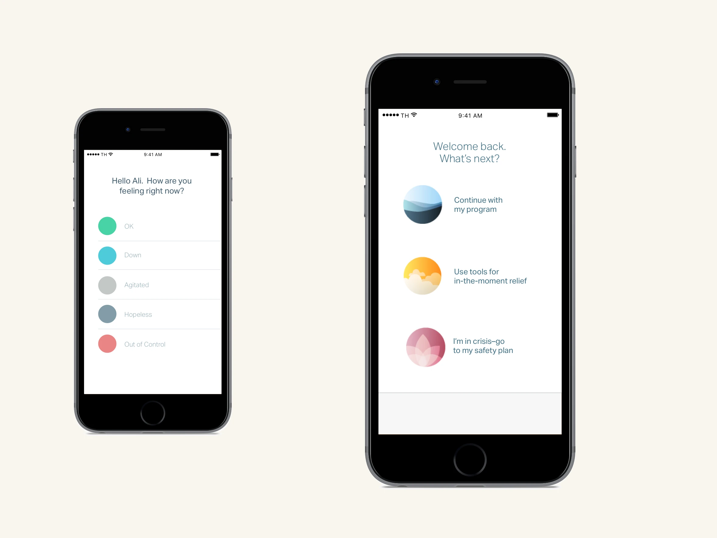Two iPhone mockups showing the before and after check-in (triage) page.